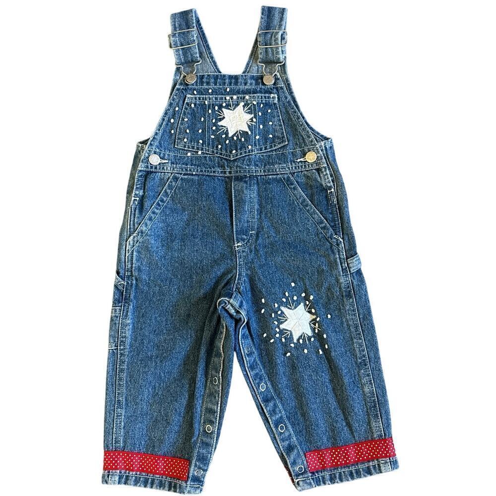 Yummy Kids Upcycled Denim Embroidered Winter Reindeer Snowflake Overalls Size 2T